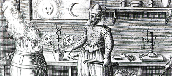 Drawing of a man next to a fiery cauldron