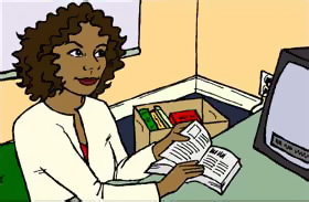 Ms. Milton looking up information on the computer. v01_08b_manualmilton