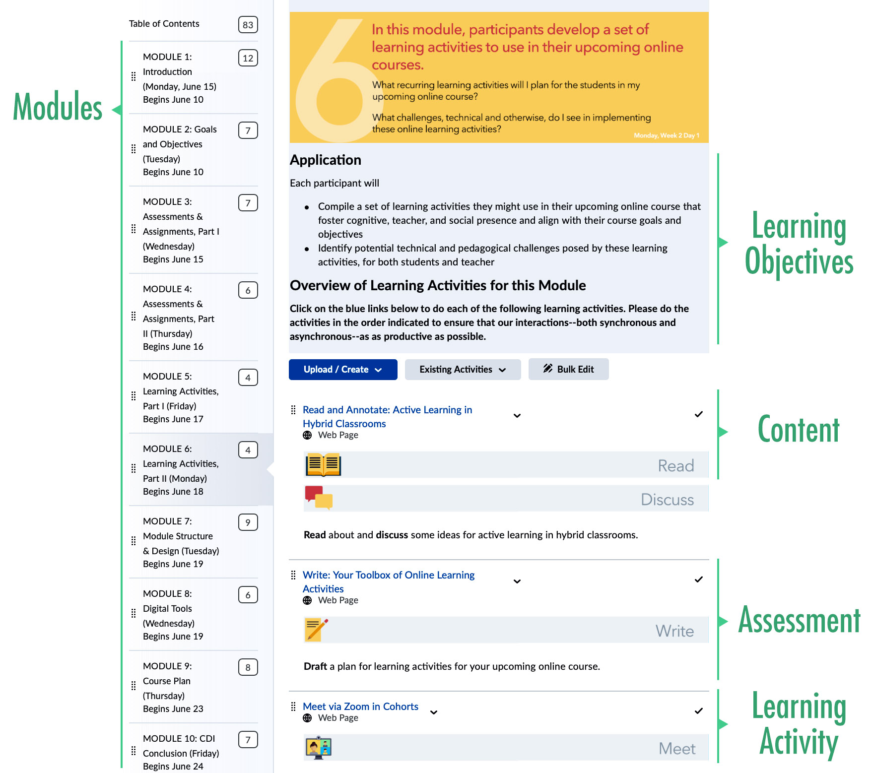 IRIS Module in Brightspace that highlights modules, learning objectives, content, assessment, and learning activity.