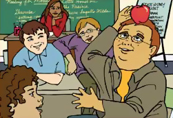 Student balancing an apple on his head