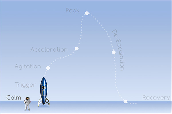 Acting-Out Cycle: Calm, Trigger, Agitation, Acceleration, Peak, De-Escalation, and Recovery Phases.