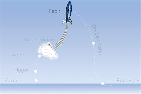 Acting-Out Cycle: Calm, Trigger, Agitation, Acceleration, Peak, De-Escalation, and Recovery Phases.