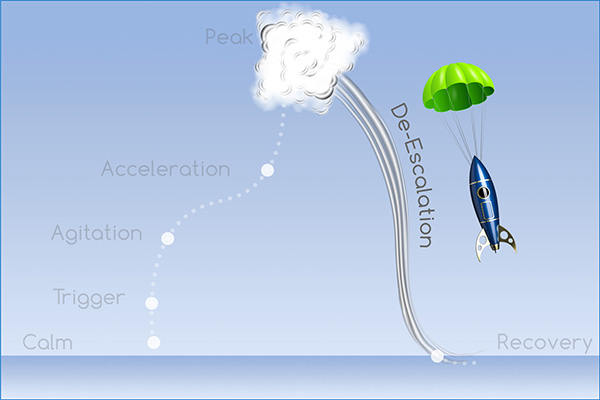 Acting-Out Cycle: Calm, Trigger, Agitation, Acceleration, Peak, De-Escalation, and Recovery Phases.