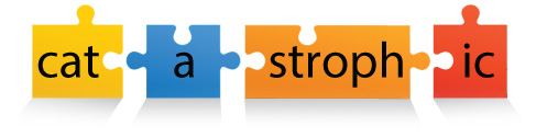This graphic represents a puzzle of the word “catastrophic,” with each syllable of the word in a different piece. “Cat” is a yellow piece, “a” is a blue piece, “stroph” is an orange piece, and “ic” is a red piece.