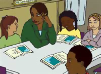 teacher and students at table