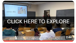 This image shows Professor Chaudhry teaching her Hindi-Urdu class and links to a video showing classroom activities, discussion, and student interviews.
