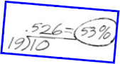 ten divided by nineteen equals point five two six
