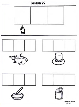 Sound Play activity with 5 pictures under blank spaces to write in the three-letter words.