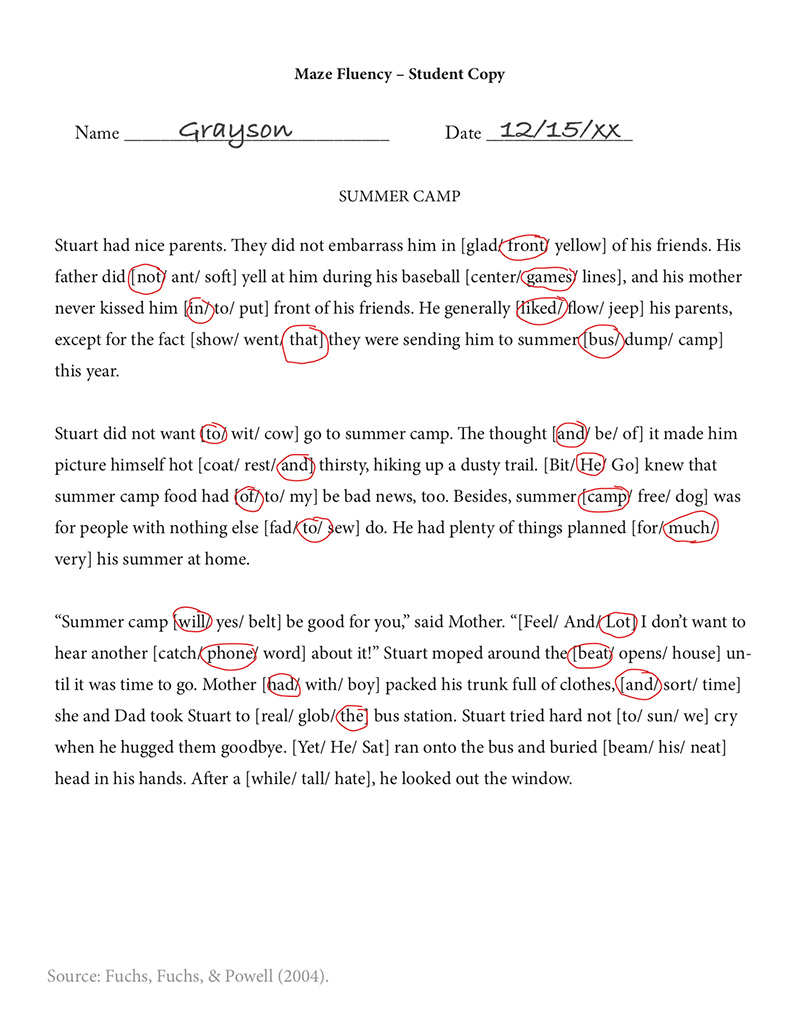 Grayson's maze fluency reading probe with 22 errors.