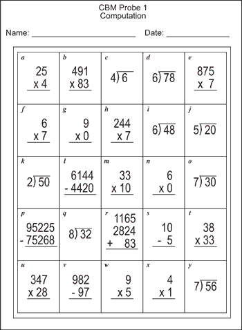 CBM computation probe with 25 math problems, including multiplication, division, addition, and subtraction.