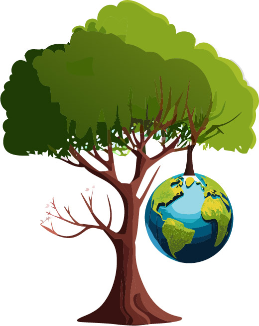 Tall leafy tree with an Earth globe hanging from it