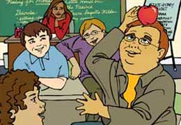 Student balancing an apple on his head