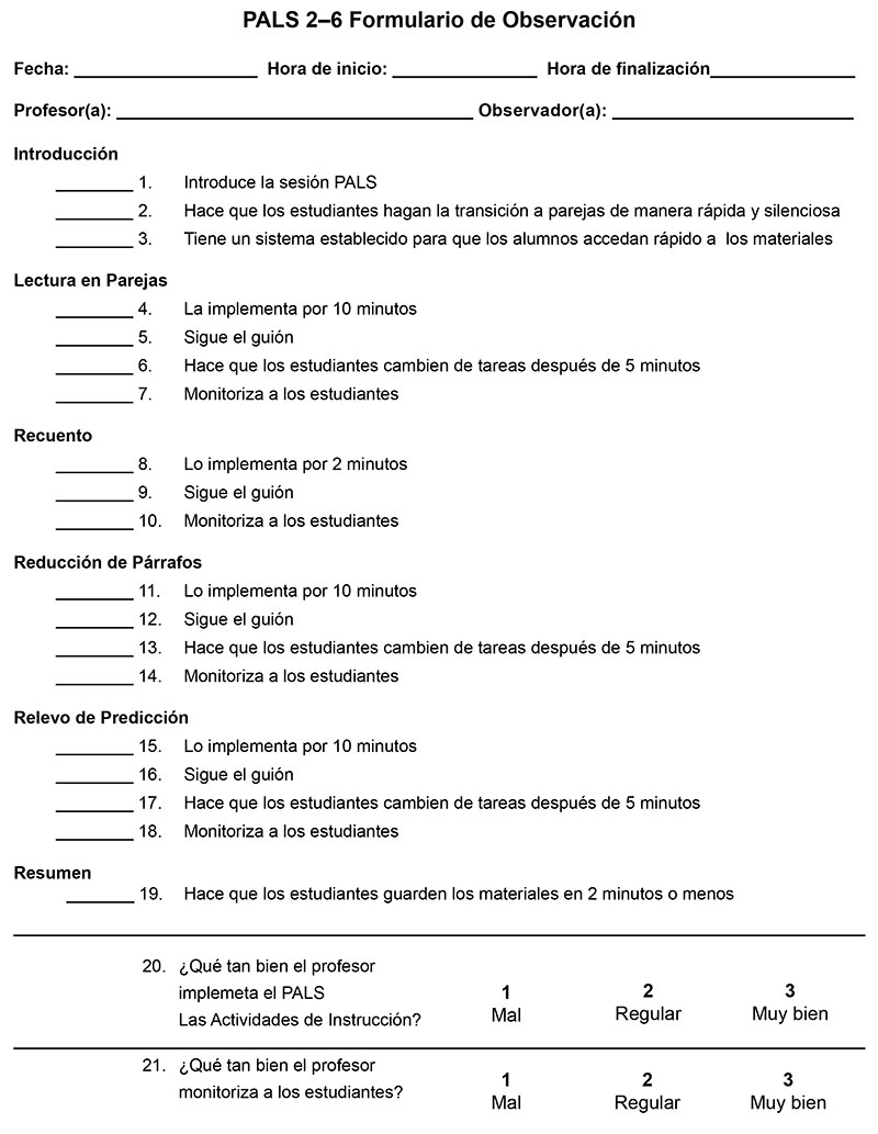 lista de verificación para PALS 2–6