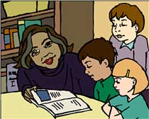 teacher and students at table