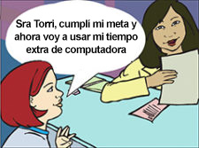 Alexandria talking to the teacher, "Ms. Torri, I've met my goal and now I'm going to use my extra computer time."