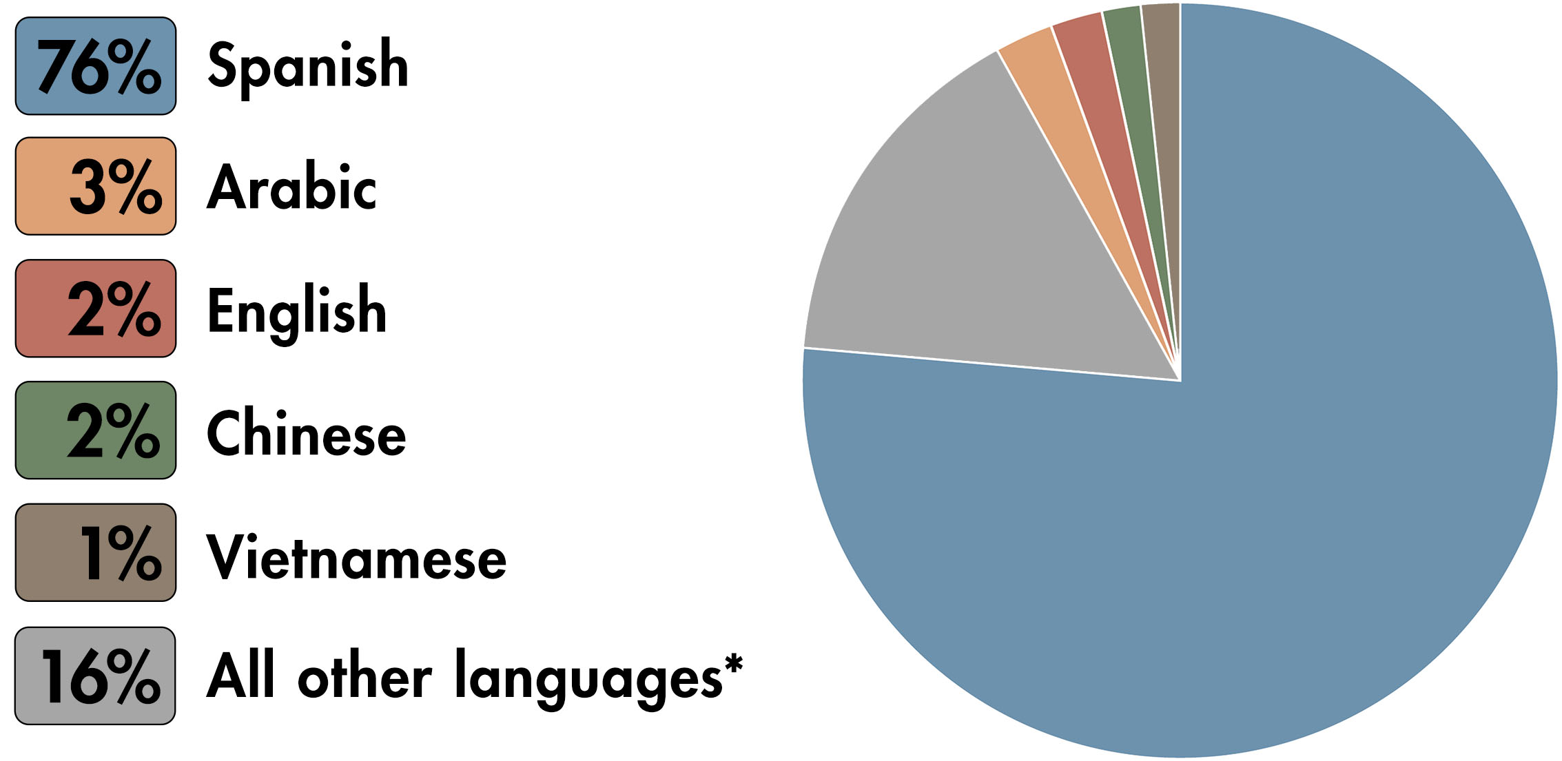 Most Spoken Languages in ELs’ Homes pie chart: Spanish (76%), all other languages (16%), Arabic (3%), English (2%), Chinese (2%), and Vietnamese (1%).