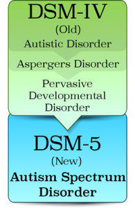DSM IV (Old): Autistic Disorder, Aspergers Disorder, Pervasive Developmental Disorder. DSM V (New): Autism Spectrum Disorder.