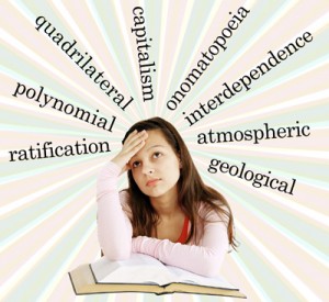 This is an image of a young girl thinking, resting her hand on her forehead, and looking up.  The following vocabulary words are surrounding her: ratification, polynomial, quadrilateral, capitalism, onomatopoeia, interdependence, atmospheric, and geological.  