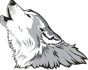 This graphic shows a gray and white wolf with his mouth open in a howl.