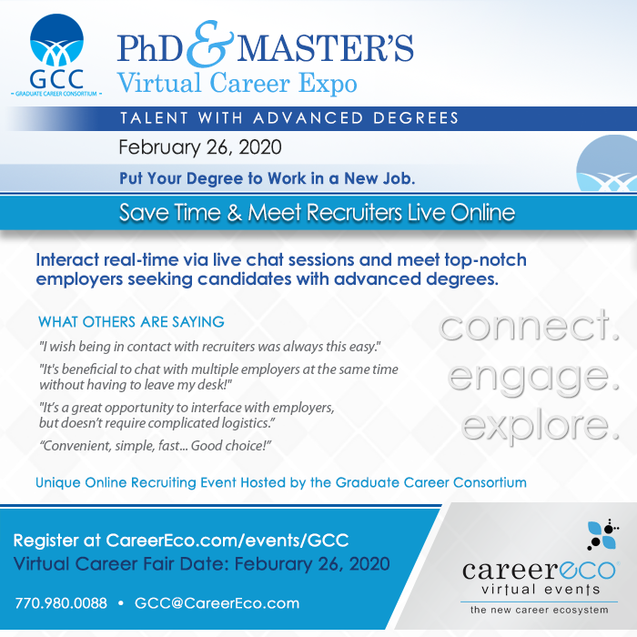 GCC's PhD & Master's Virtual Career Expo - February 26, 2020