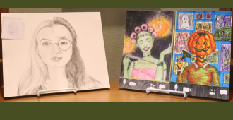 two artworks on a shelf