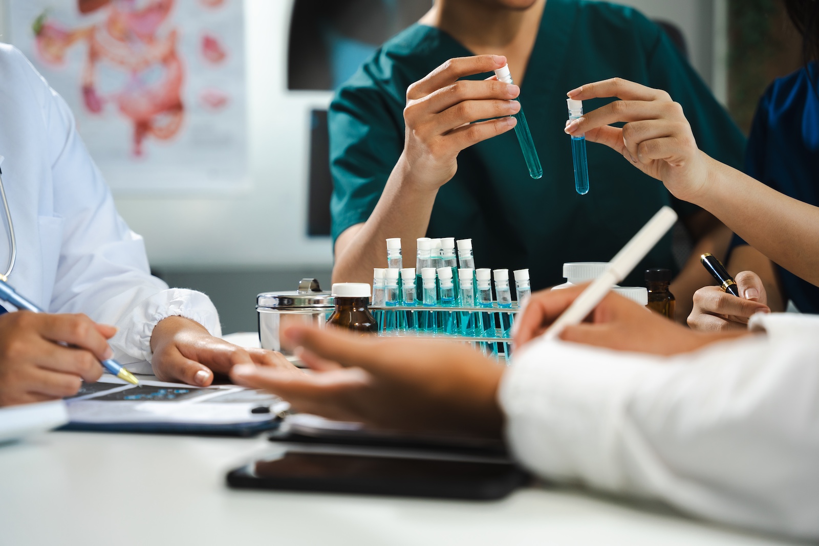 Medical researchers work in a lab