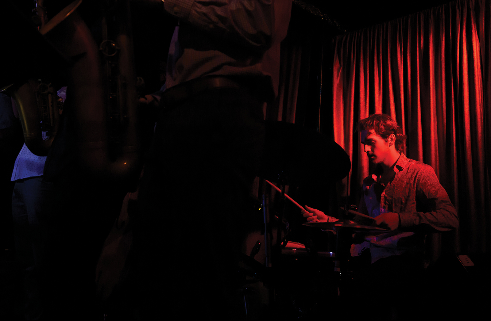 Blair jazz studies major plays drums during an evening with Blair jazz combos at Rudy's Jazz Room in Nashville