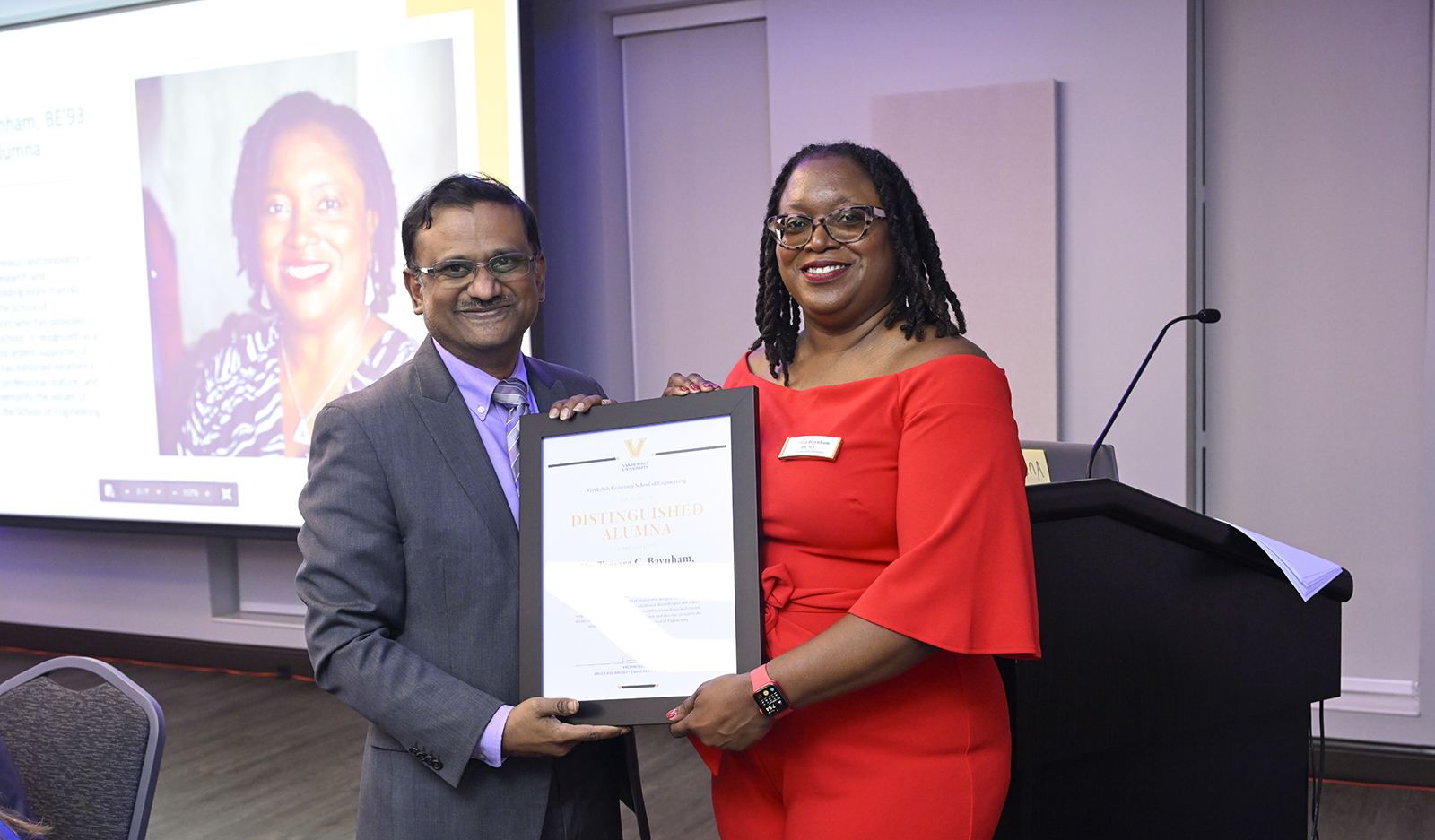 Dean Krishnendu (Krish) Roy and Tamara Baynham, BE'93, at the School of Engineering's Board of Visitors dinner 