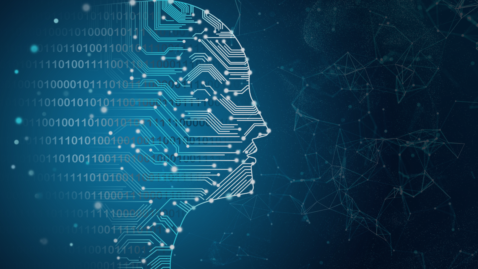 Binary code creates the outline of a humanoid head, representing AI. 