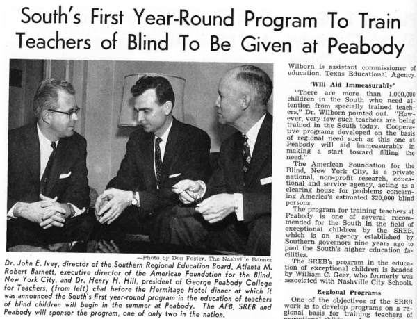 A black-and-white newspaper clipping shows a meeting with Peabody president Henry Hill and two other men as they announce that Peabody will be a year-round program.