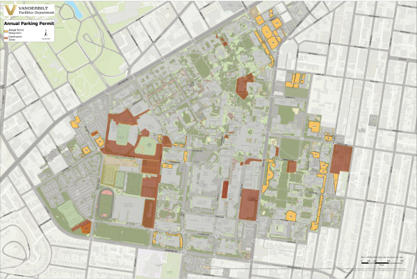Map of campus with annual parking lots in gold and construction zones in brown