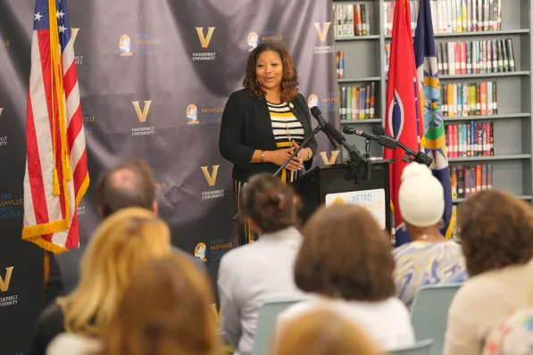 Vanderbilt University and Metro Nashville Public Schools announce a new partnership to boost college admissions from Nashville schools at a May 1 news conference. (Harrison McClary / Vanderbilt University)