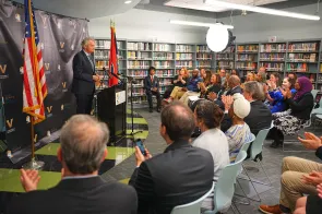 Vanderbilt University and Metro Nashville Public Schools announce a new partnership to boost college admissions from Nashville schools at a May 1 news conference. (Harrison McClary / Vanderbilt University)