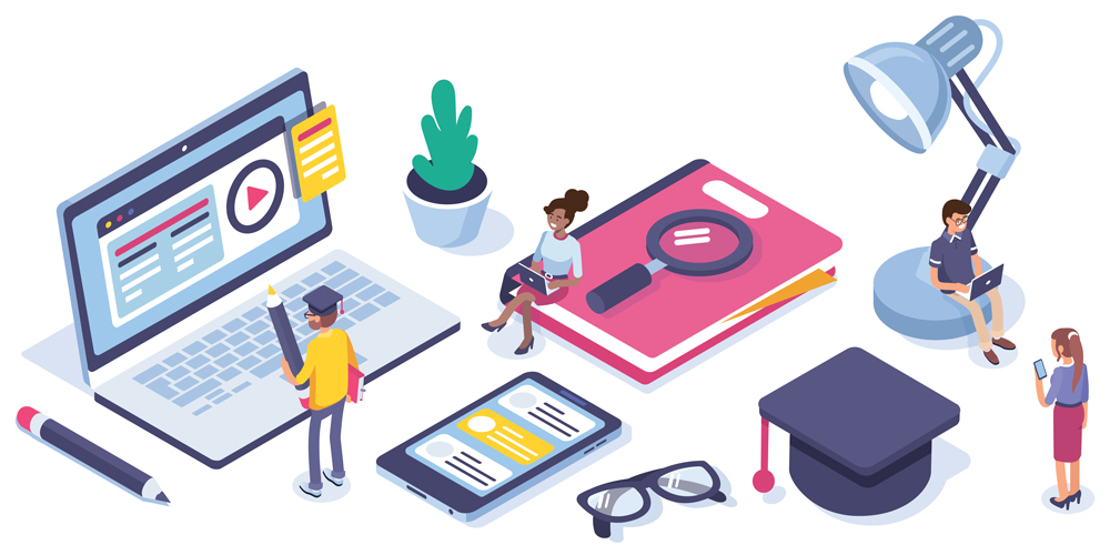 illustration of tiny students on a desk using a large laptop computer and other devices to conduct a search