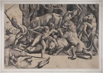 Master of the Die (Italian or German, active ca. 1532) after Giulio Romano (Italian, probably 1499–1546), 'Five Men Fighting Beasts,' 1532, engraving. Gift of the Brooklyn Museum of Art. In researching the collector's stamps found on the verso (reverse side of the engraving), curator Courtney Wilder has found one to be the stamp of the English painter Sir Joshua Reynolds.