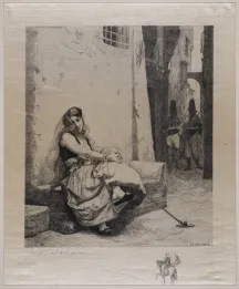 James J. Calahan (American, 1841–1910) after Jean Leon Gerome (French, 1824–1904), 'Souvenir of Cairo,' 1887, etching on silk. Sullivan Memorial Collection. The regular, paper edition of this print appeared in Hitchcock's Representative Etchings (New York, 1887). The museum’s print is from a limited number of special printings on silk, with an additional remarque, or sketch, etched into the plate’s lower margin.