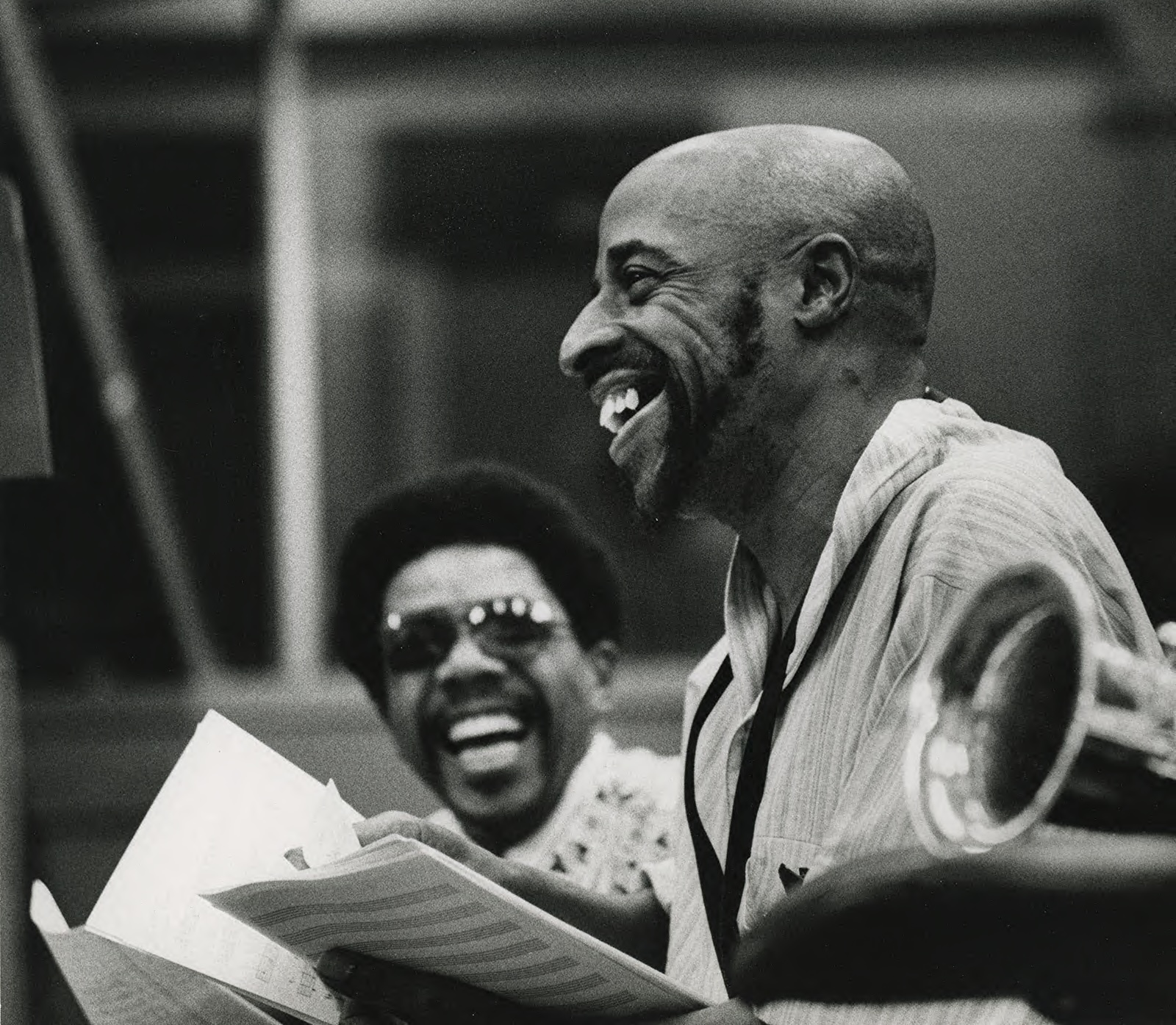 A black and white photo of a recording session from the Yusef A. Lateef Collection