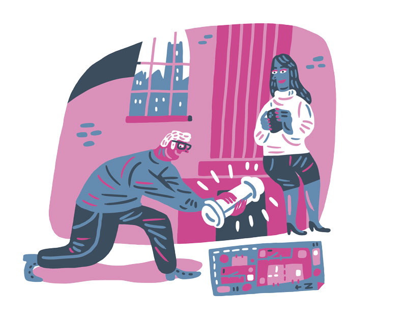 illustration in pink, blue and black of a man putting a time capsule cannister in the base of a column with a young woman looking on. illustrations by Øivind Hovland for Vanderbilt Magazine Spring/Summer 2023