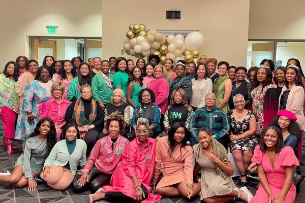 Group photo of Eta Beta chapter of AKA, original, current and alumni, at 50th Anniversary reunion gathering, November 2022