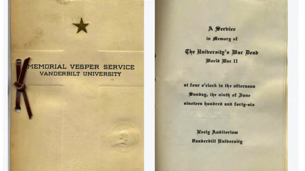 Students examined archival documents, such as this 1946 Vesper Service program honoring Vanderbilt students killed in World War II. June 9, 1946 (Vanderbilt Archives)