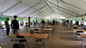 Students created a socially distanced simulation of Soviet Jews trying to emigrate.