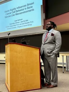 Logan Northcutt successfully defending his dissertation entitled "Matrix Rigidity Influences Breast Cancer Cell Behavior at Bone Marrow-Like Microenvironments" at Vanderbilt School of Medicine Basic Sciences (Submitted photo)
