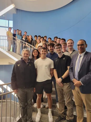 Vanderbilt Fusion Project team with Chancellor Daniel Diermeier and David Owens, Evans Family Executive Director of the Wond'ry, Vanderbilt's Innovation Center.