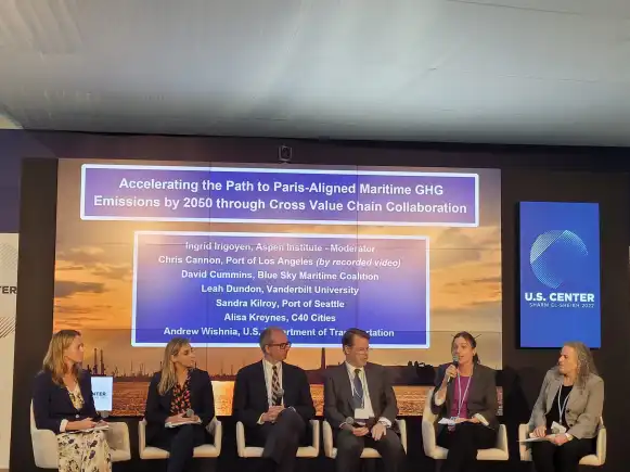 Assistant Professor Leah Dundon presents on a panel discussing marine shipping. (Submitted photo)