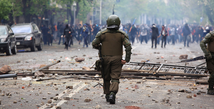 Riot police during a student strike in Santiago, Chile.