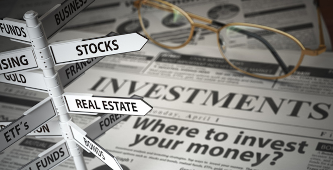 Investmments and asset allocation concept. Where to Invest? Newspaper and direction sign with investment options. 3d illustration (Investmments and asset allocation concept. Where to Invest? Newspaper and direction sign with investment options.