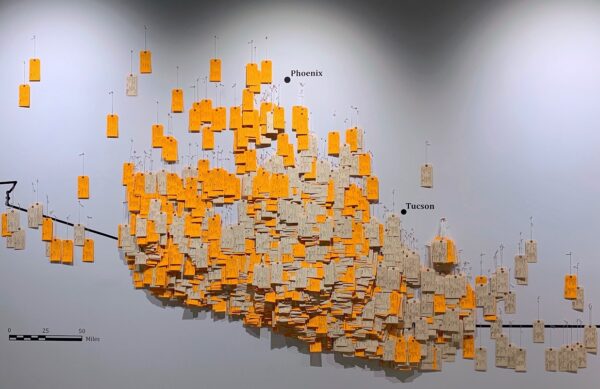 What the Hostile Terrain 94 art installation will look like when finished with toe tags pinned to a wall map.