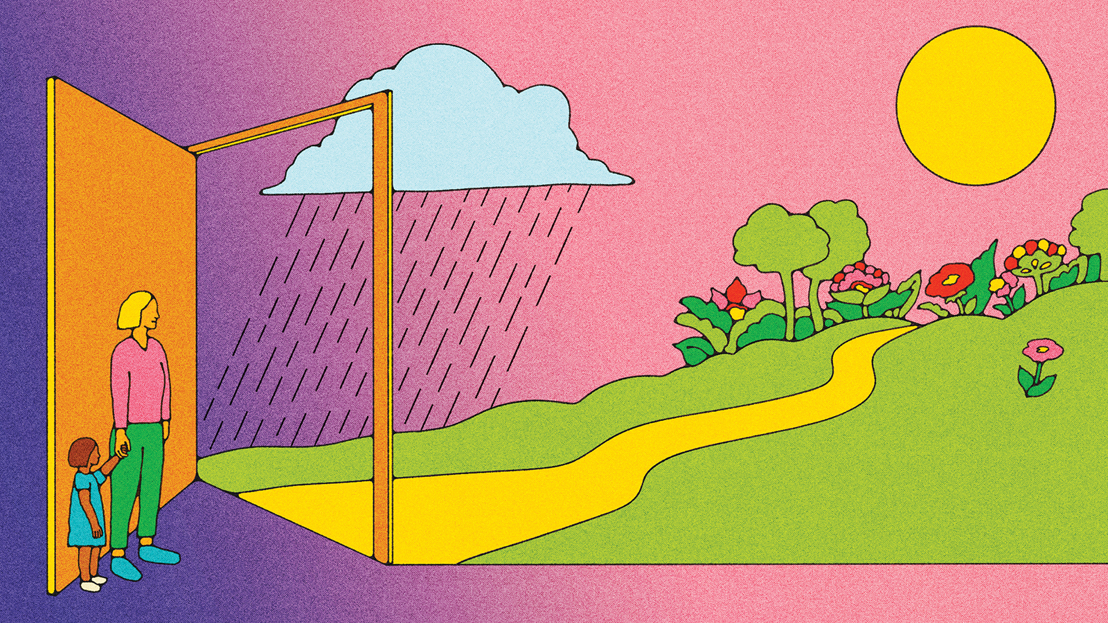 cartoon of woman holding child's hand in a doorway, looking out to rain cloud and sunshine split by yellow pathway