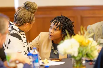 Dean Yolanda Pierce hosted a faith community breakfast in September 2023. (Harrison McClary/Vanderbilt University)