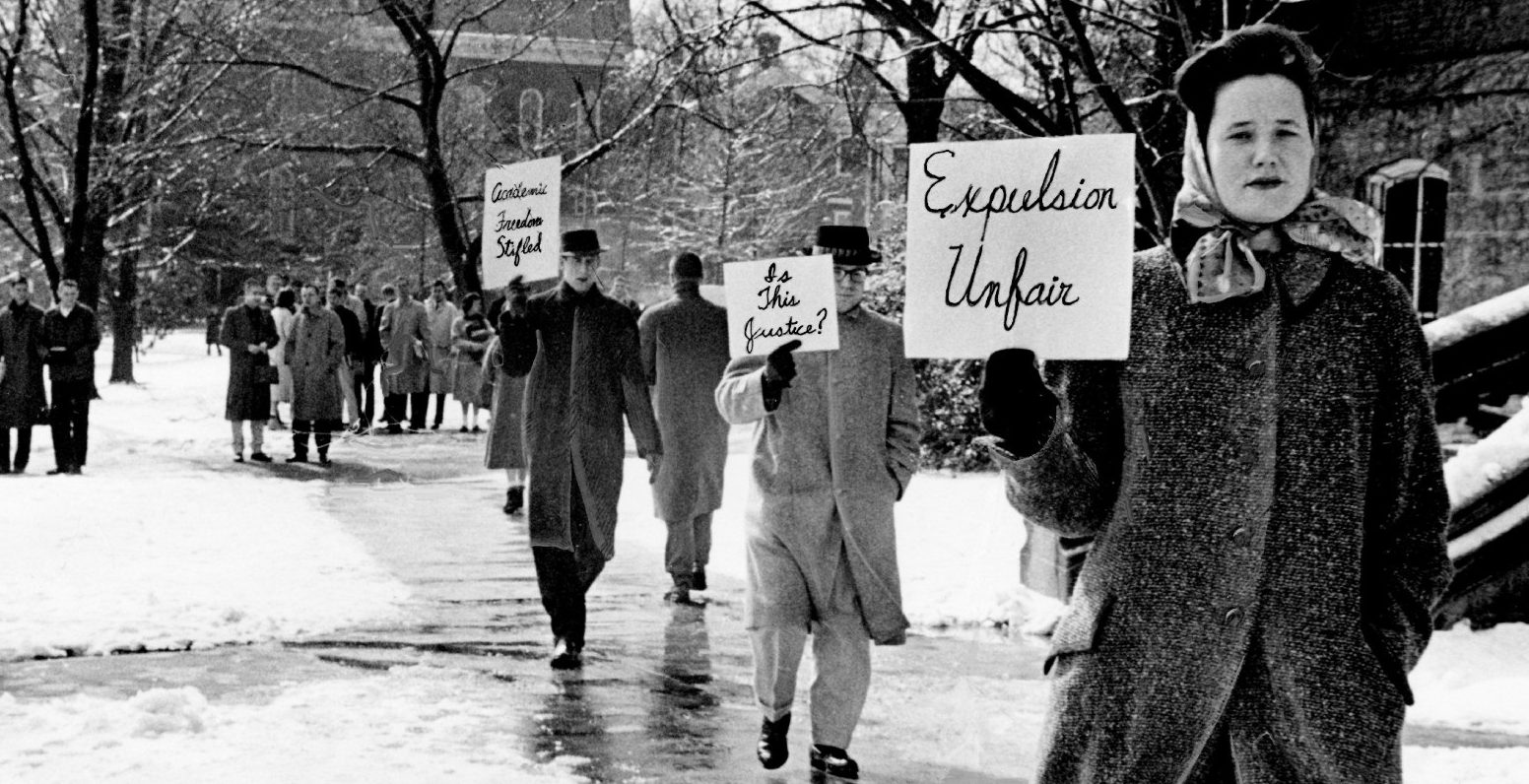 On March 4, 1960, picketers, most of them divinity school students at Vanderbilt University, march in front of Kirkland Hall protesting the expulsion of Rev. James Lawson for his part in lunch-counter desegregation demonstrations. Photo by Gerald Holly. Courtesy of The Tennessean